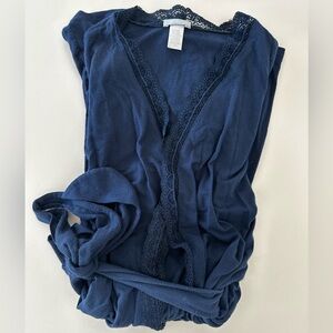 Eberjey Women’s Navy Robe With Lace Trim, Size Small
